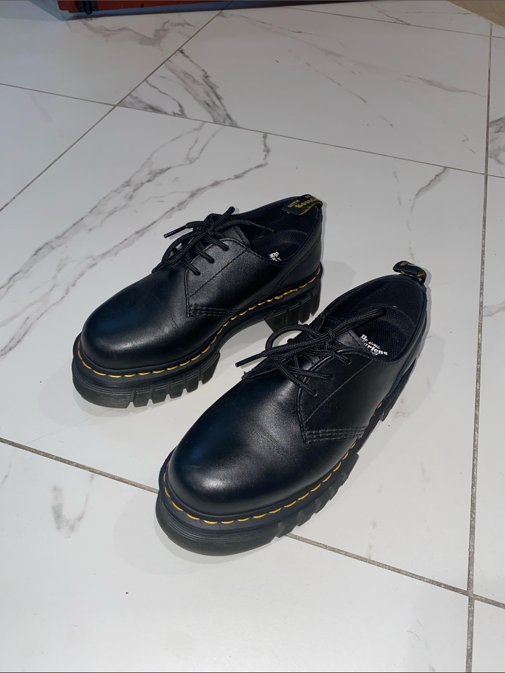 Dr. Martens Black Leather Chunky Platform Lace-Up Shoes with Yellow Stitching